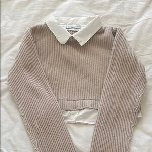 Maniere De Voir Beige Ribbed Sweater with White Collar